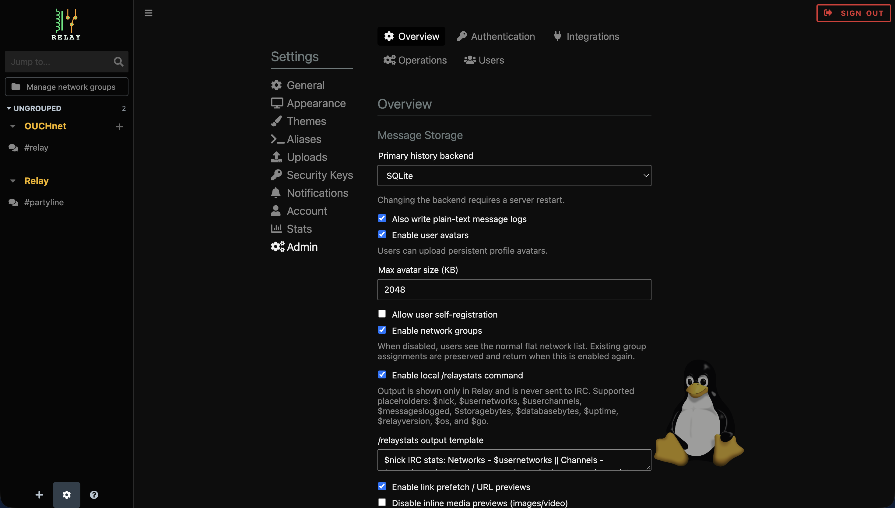 Relay Admin settings overview with categorized controls for server configuration, authentication, integrations, operations, and users.