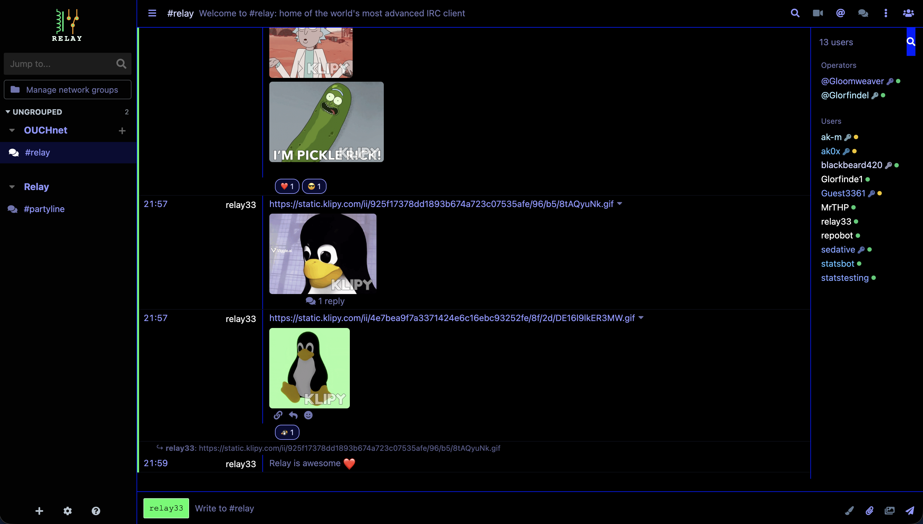 Relay Ion IRSSI theme showing IRCv3 chat activity, media previews, reactions, and the member list.