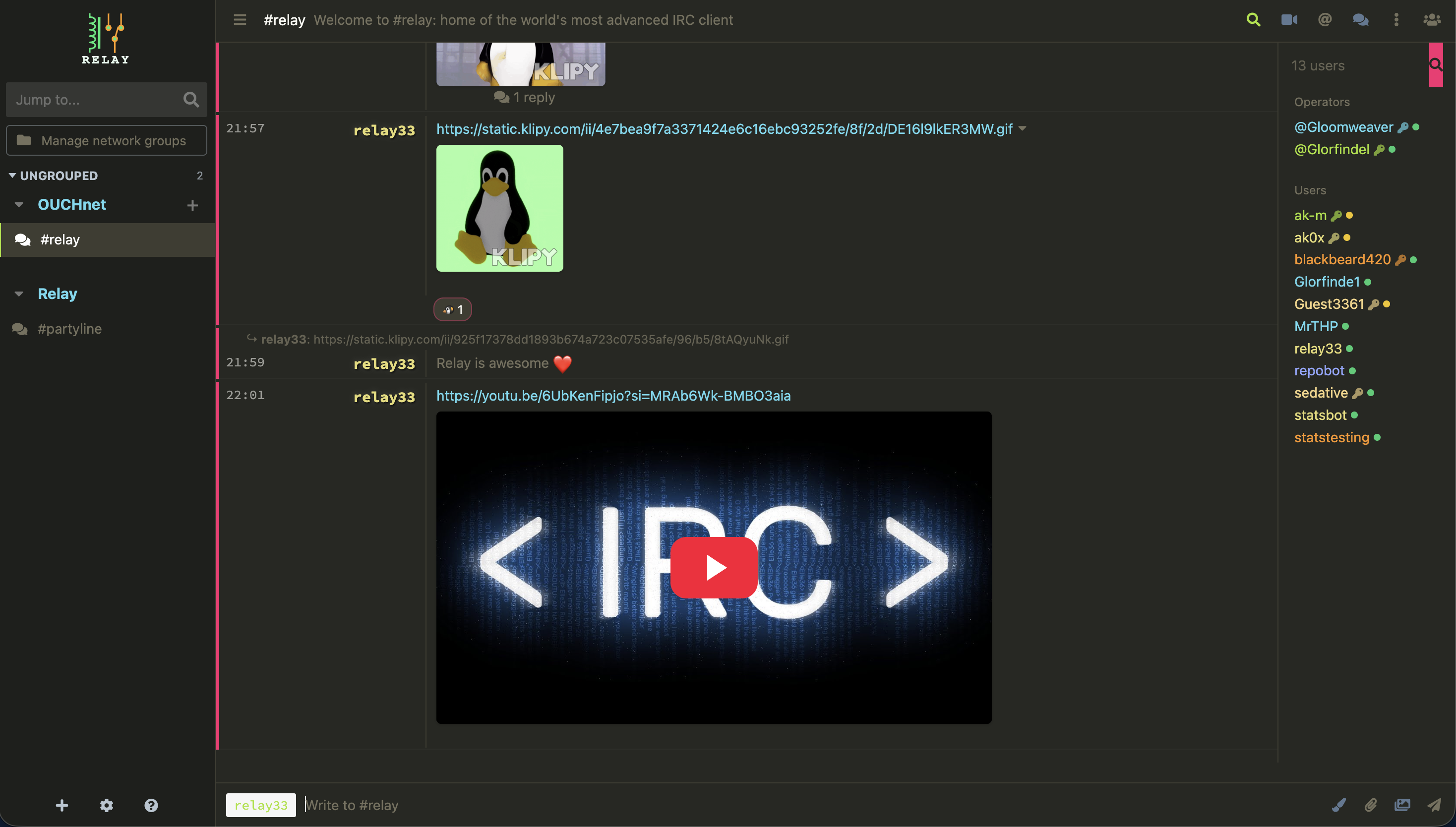 Relay Monokai theme showing inline media, reactions, and the member list in a warm olive-and-pink palette.