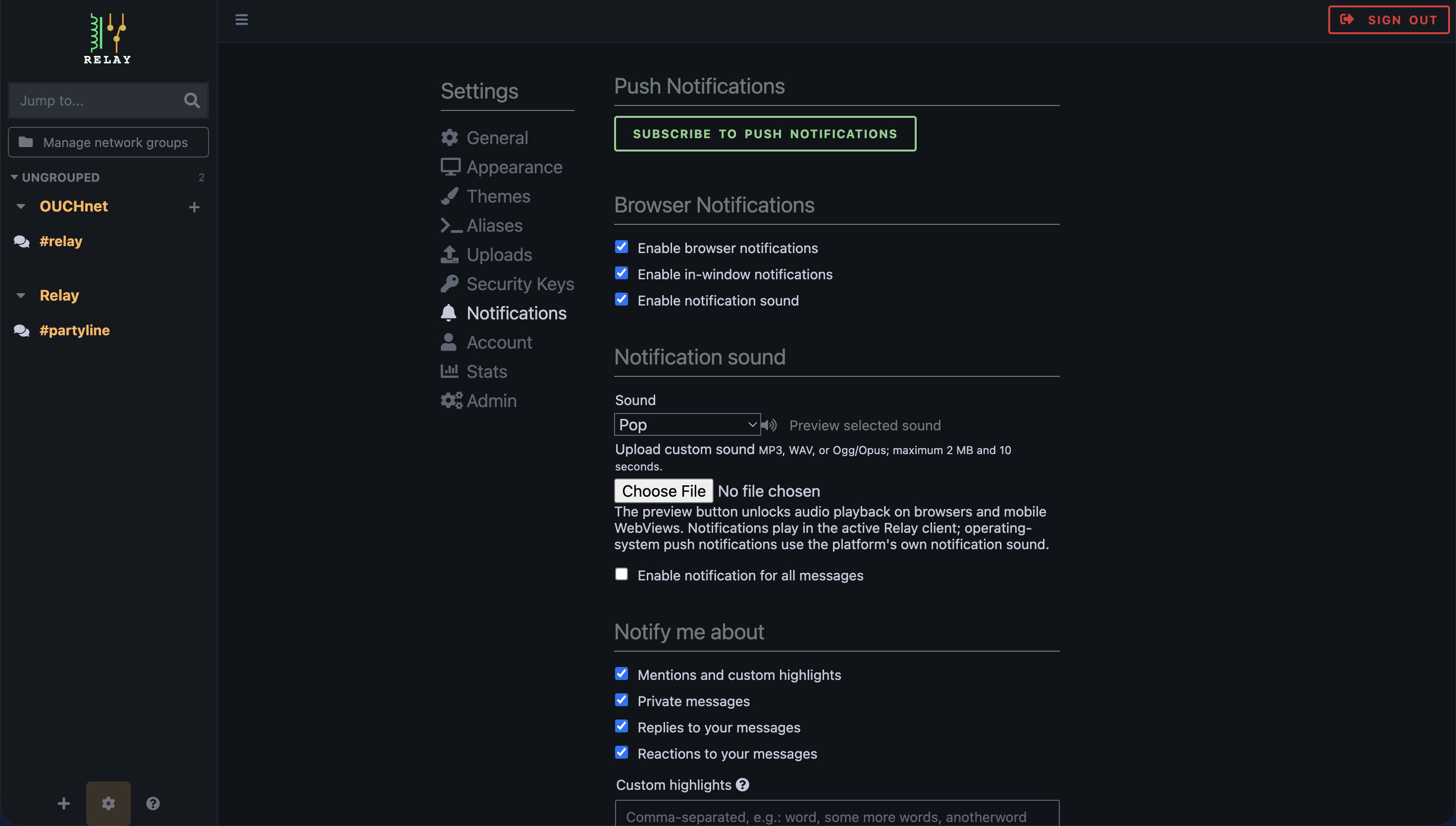 Relay Notifications settings showing push notifications, browser notifications, and per-message-type alert controls.