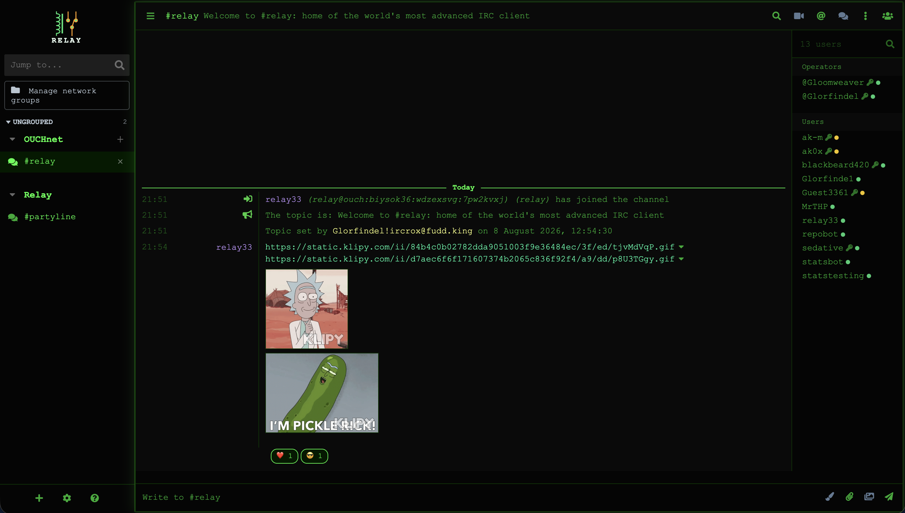Relay Terminal theme showing a green-on-black chat layout with inline media, reactions, and the member list.