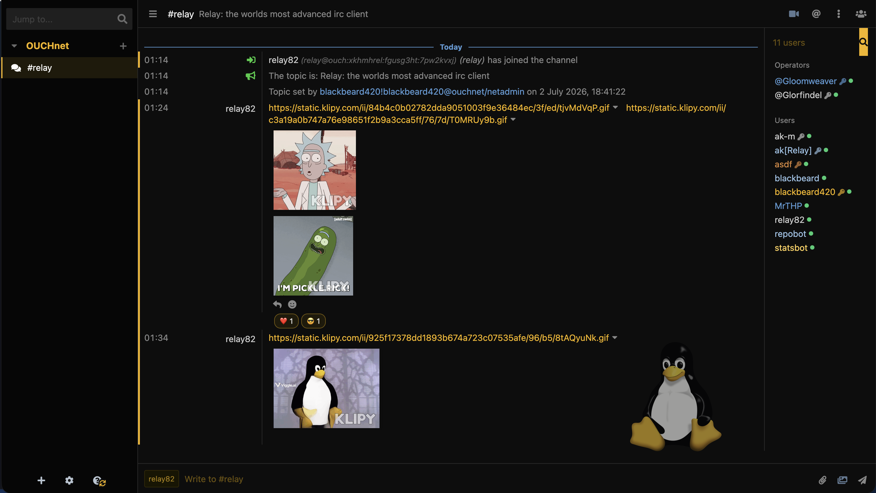 Relay tux theme showing the Relay chat interface in a high-contrast black-and-gold style.
